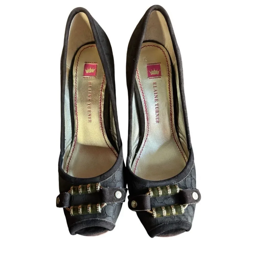 Elaine Turner Platform Heels Open Toe Brown Suede Tortoise Shell Heel Gold Hardw